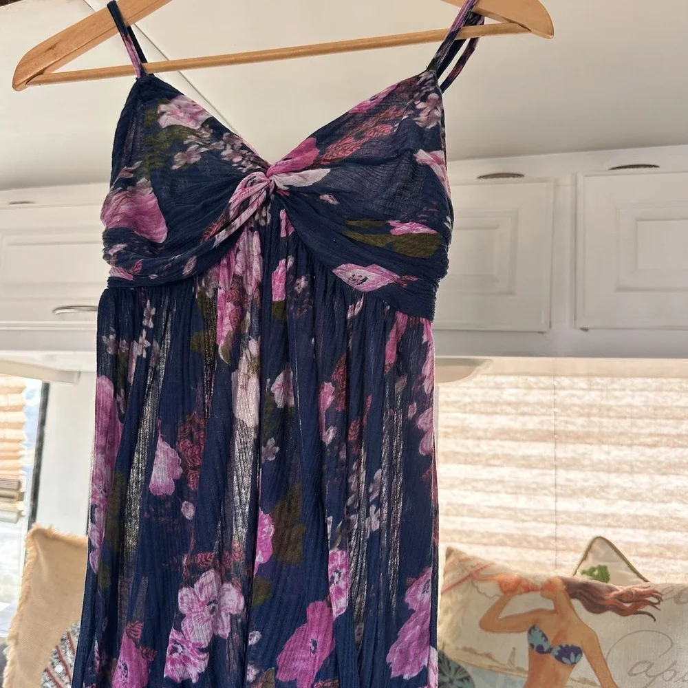 Free People Floral‎ High Low Dress Navy Pink Smocked Back Adj Straps Sz S Boho